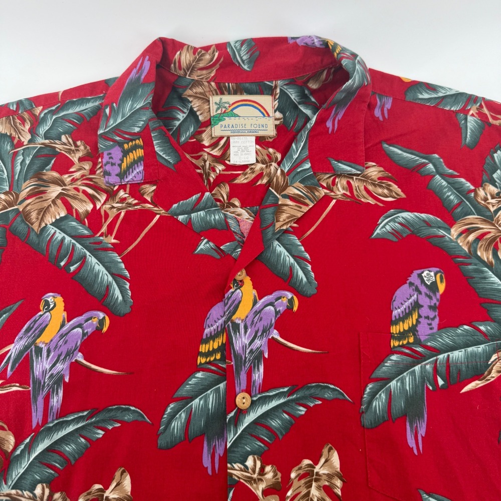 Paradise Found Hawaiian Shirt Mens 2XL Red Floral Cotton Parrot Made in Hawaii